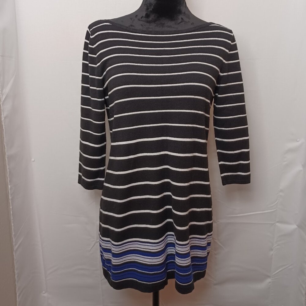 White House Black Market (WHBM) Black/Blue Striped Long Sleeve Mini Dress Medium